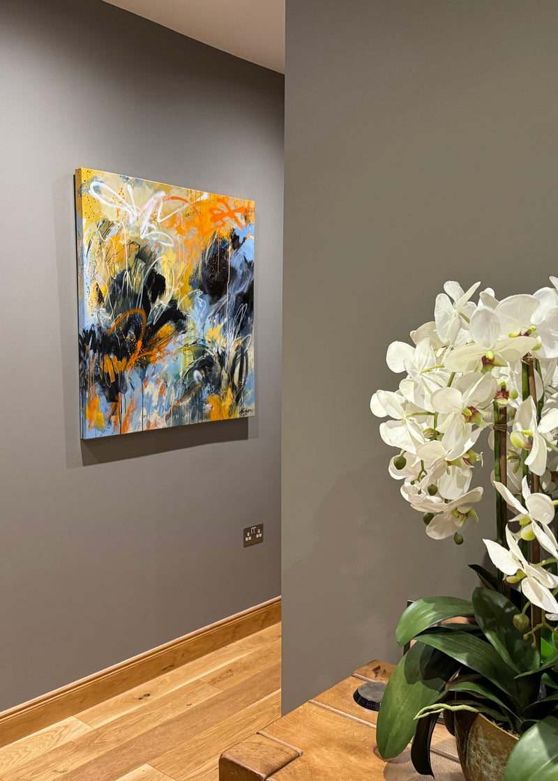Amadora Art Original Abstract Painting ‘Find Beauty In The Choas’. Blue, yellow and black mixed media artwork acrylic, oil pastel and spray paint.