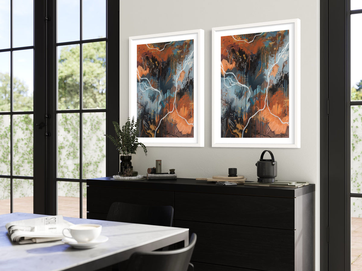 ‘Azure Falls I & II’ Hand Embellished Print Pair